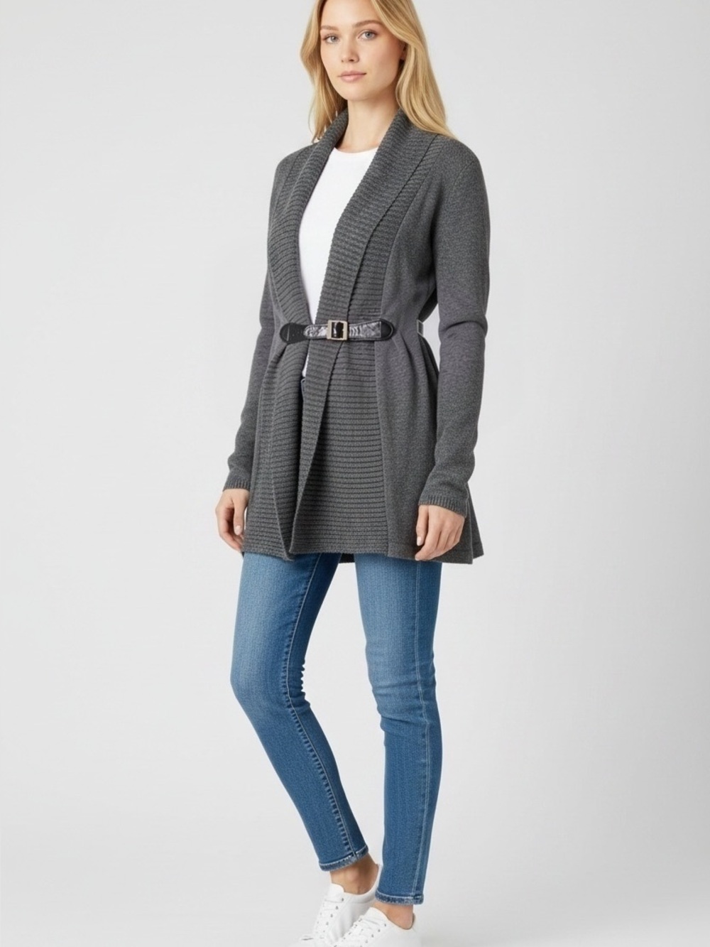 PREMISE STUDIO Women's Size Small Heather Gray Open Cardigan with Built In Belt